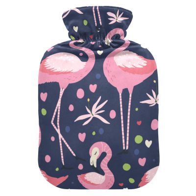 2 L Hot Water Bottle with Soft Velvet Cover, Flamingo Love Design