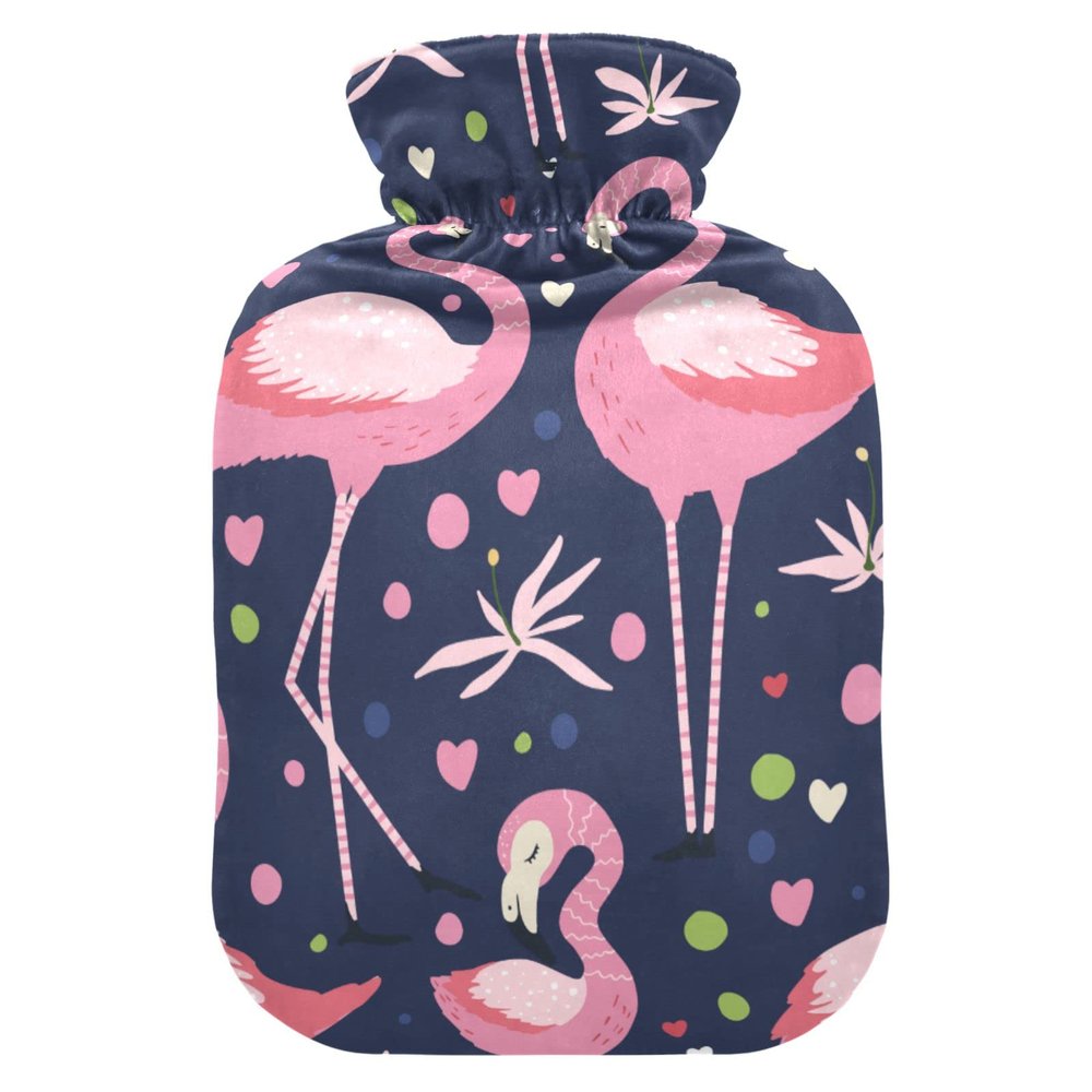 2 L Hot Water Bottle with Soft Velvet Cover, Flamingo Love Design
