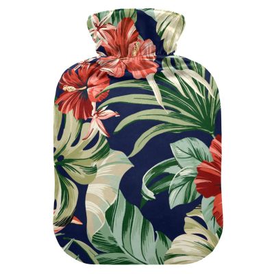 Hot Water Bottle with Soft Velvet Cover, Tropical Flowers, 1 L