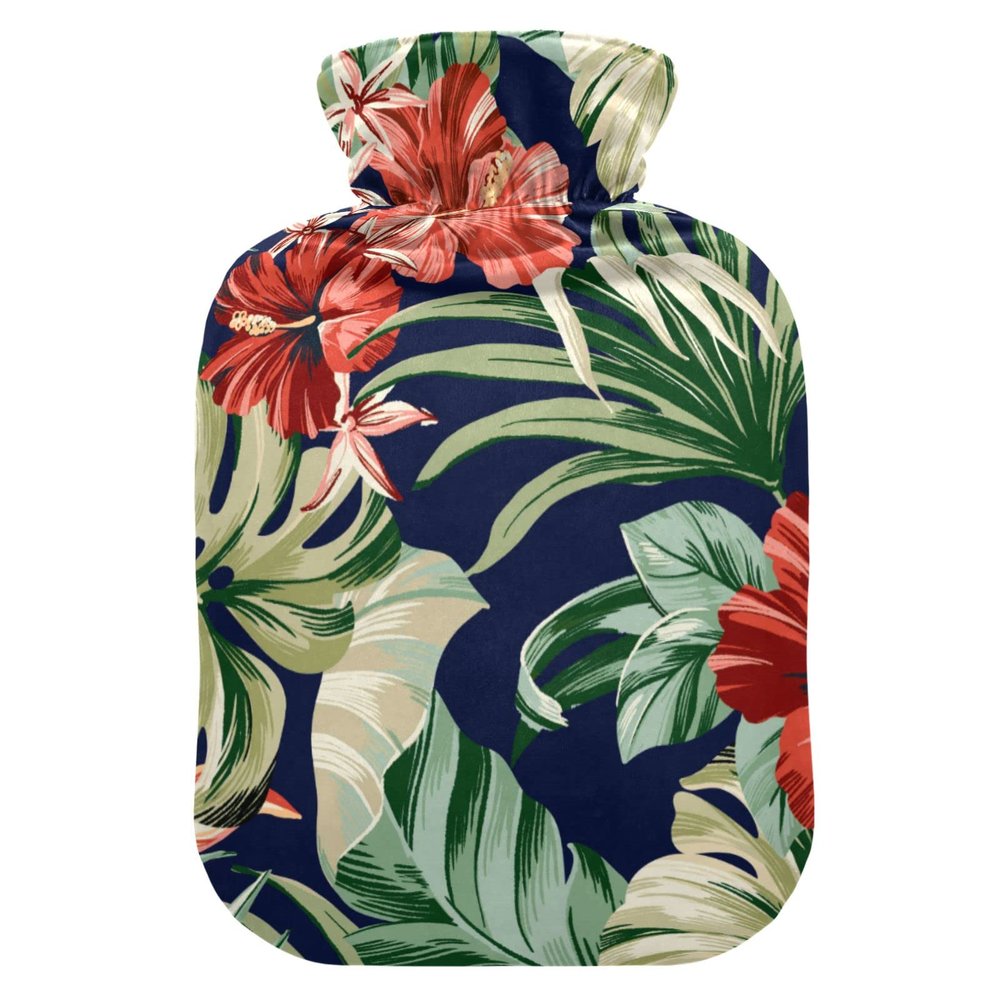 Hot Water Bottle with Soft Velvet Cover, Tropical Flowers, 1 L