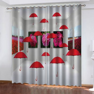 Blackout Thermal Curtain for Children's Room, Boy or Girl, Red Umbrella Space Expansion Pattern, 264 x 214 cm