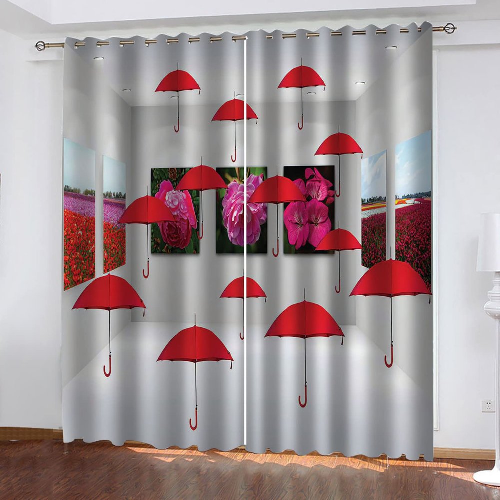 Blackout Thermal Curtain for Children's Room, Boy or Girl, Red Umbrella Space Expansion Pattern, 264 x 214 cm