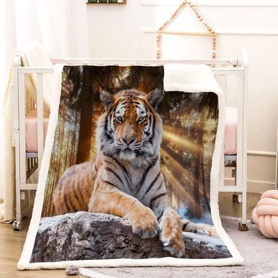 3D Tiger Sherpa Blanket, 130 x 150 cm, Woodland Animals