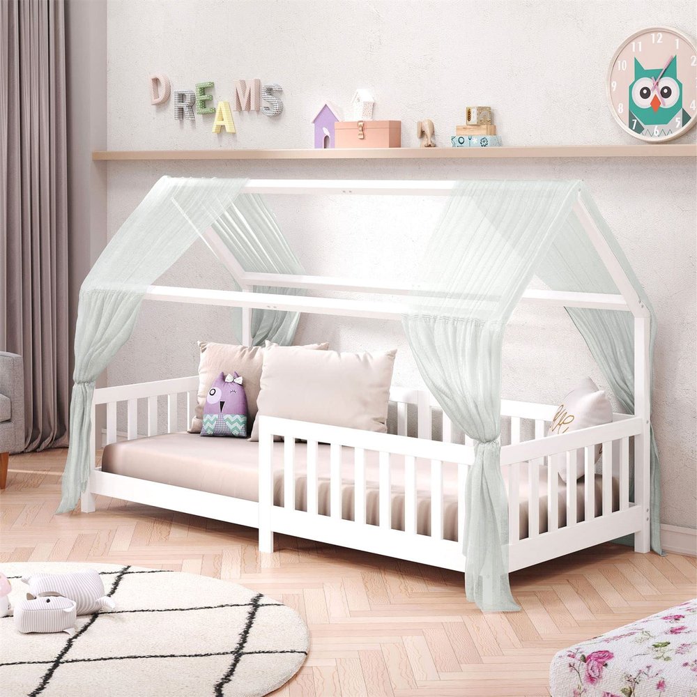 IDIMEX NINA House Bed, Children's Bed with Safety Rail, 90 x 200 cm, Solid Wood, White