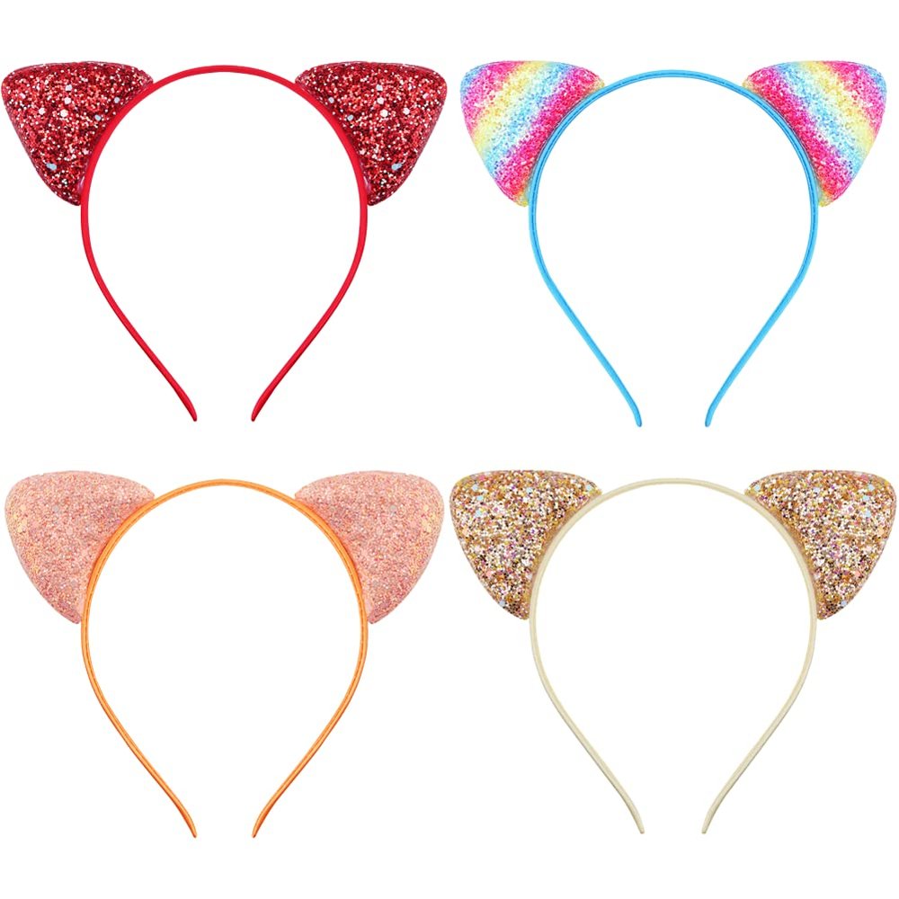 Stakee Cat Ear Hair Hoop, 4-Piece Set, Glitter Sequin Ears Headband for Women and Girls