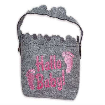 New Baby Gift Basket – Hello Baby! Clouds and Baby Motif – Felt – Removable Handle – Organizer – Baby Shower (No Name, Neutral Pink/Rose Ombre)