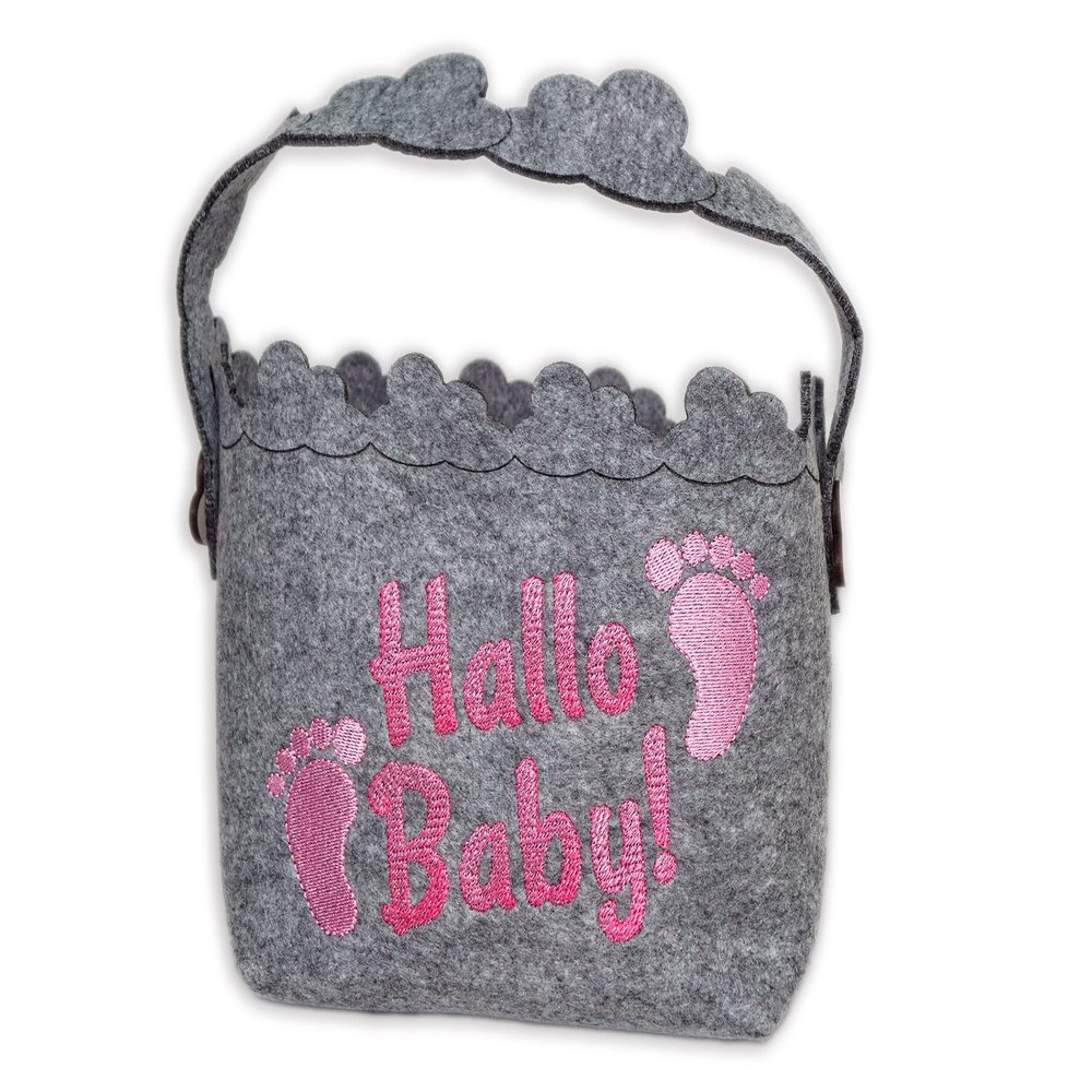 New Baby Gift Basket – Hello Baby! Clouds and Baby Motif – Felt – Removable Handle – Organizer – Baby Shower (No Name, Neutral Pink/Rose Ombre)