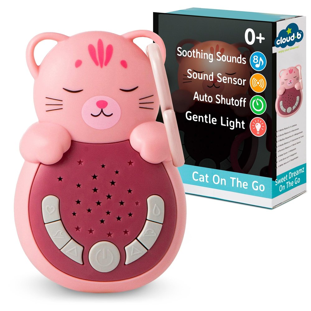 Cloud b Sweet Dreamz On The Go | Travel Sleep Aid with Soft Light and Smart Sensor | 4 White Noises and 4 Soothing Lullabies | Cat