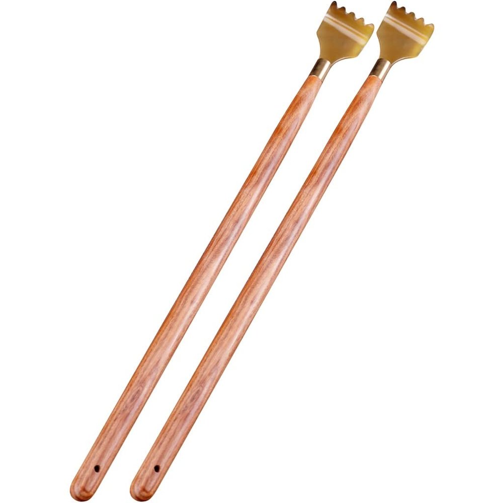 Wooden Back Scratcher with Long Handle, Rosewood and Natural Horn Head, Red-Brown, 2-Pack, 40 × 3.5 cm