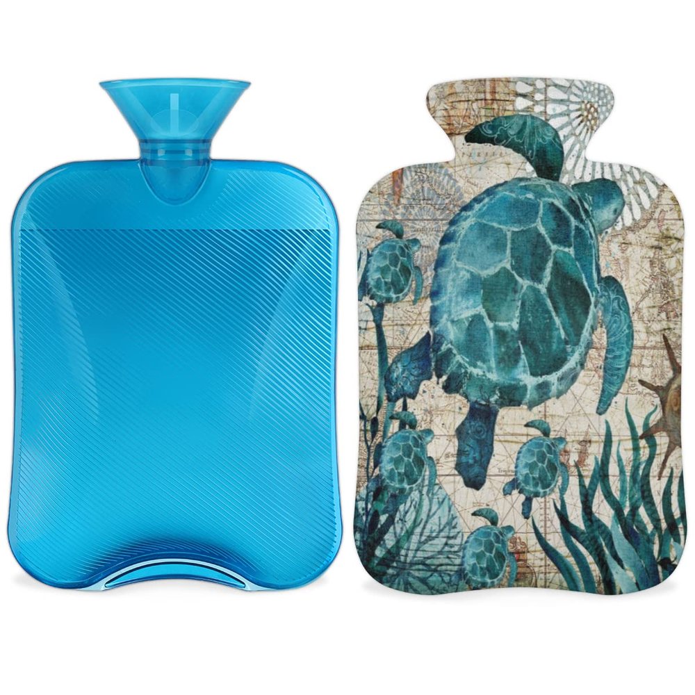 2 L Hot Water Bottle with Cover, Vintage Sea Turtle