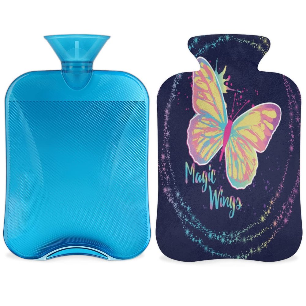 2 L Hot Water Bottle with Cover, Butterfly Print, for Bed Warming and Period Pain Relief