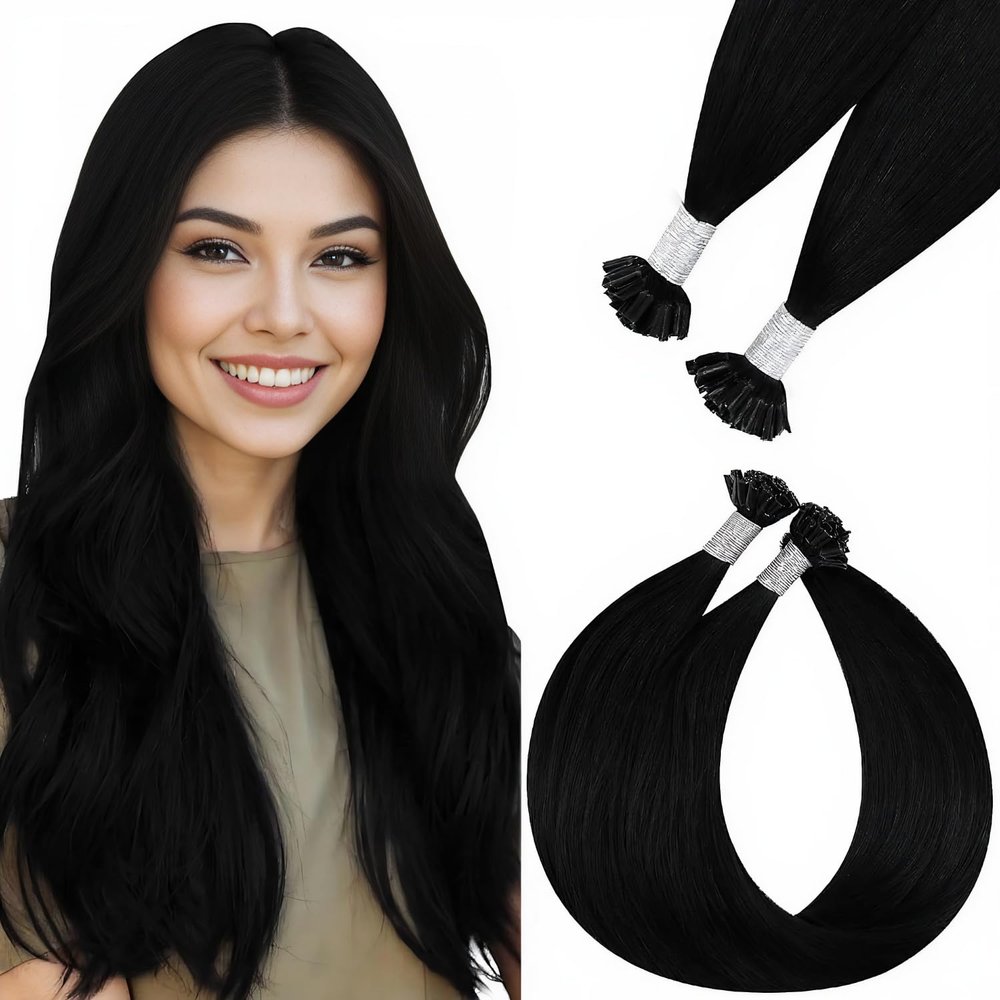 Easyouth Keratin Bonding Extensions, Human Hair, Jet Black, Straight, #1, 35 cm, 50 g, 50 Bonds