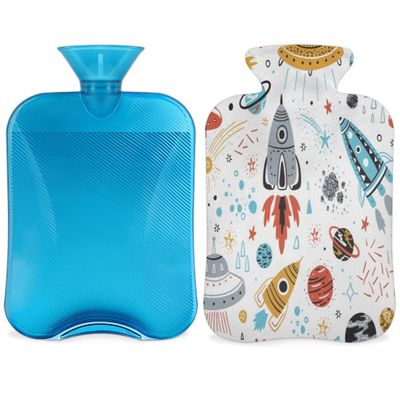 2L Hot Water Bottle with Cover for Pain Relief, Space Cartoon Rocket, Planets and UFOs, PVC Cold and Hot Water Bag for Cold and Heat Therapy, Menstrual Cramps, Foot and Hand Warmer