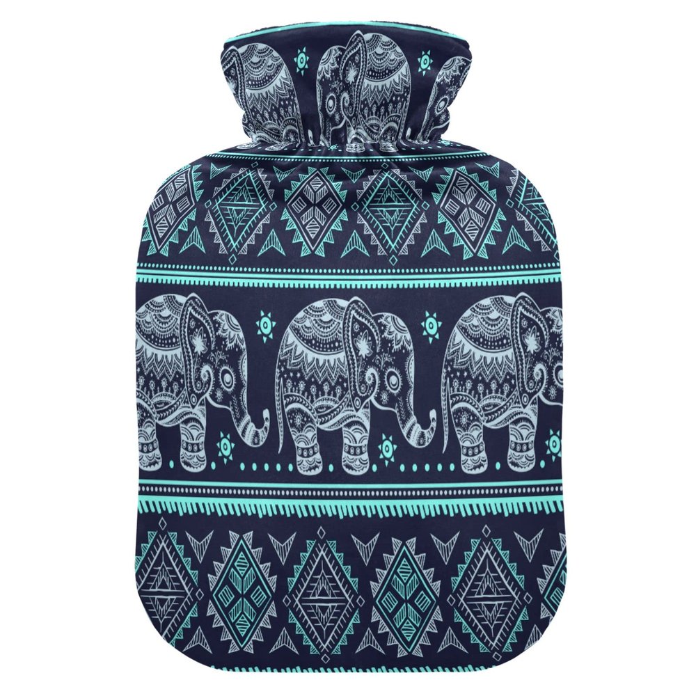 Hot Water Bottle with Cover, Indian Floral Elephant, 1 L, Transparent
