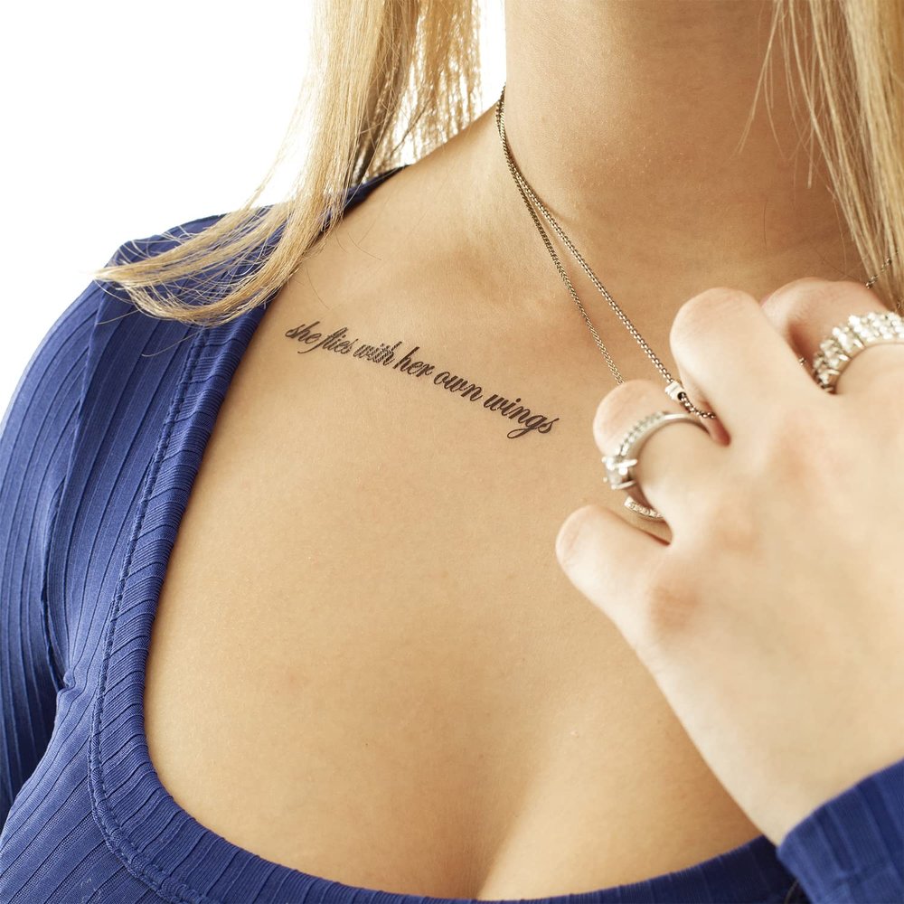 10 x She Flies with Her Own Wings Temporary Tattoo – Black Lettering