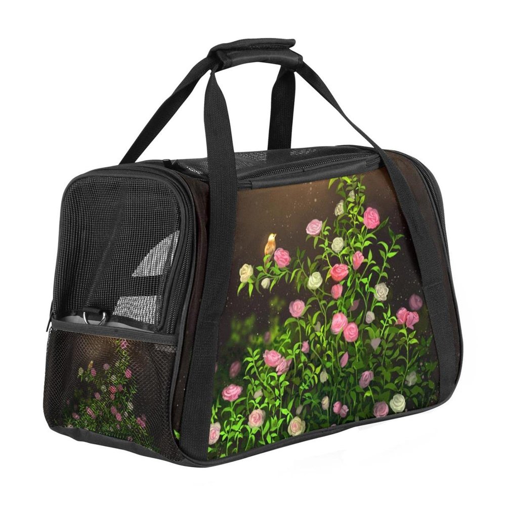 Soft Foldable Pet Carrier with Floral and Bird Print, Airline-Approved
