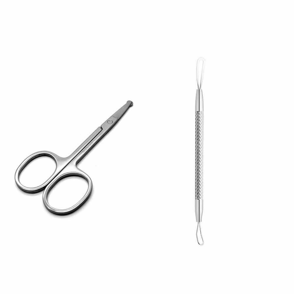 YSUUZRL 2-Piece Set (Nose Hair Scissors + Short Double-Ended Loop) Whitehead, Acne and Blackhead Removal Tweezers, Beauty Salon Pimple Needle Deep Cleaner Clip Tool