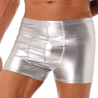 YOOJIA Men's Shiny Wet-Look Patent Leather Boxer Shorts, Silver, 3XL