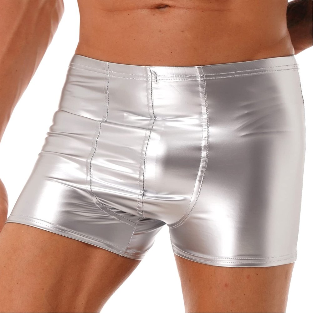 YOOJIA Men's Shiny Wet-Look Patent Leather Boxer Shorts, Silver, 3XL