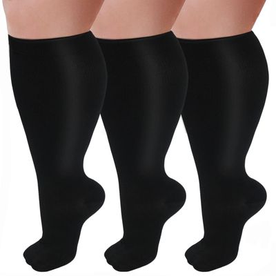 3 Pairs Plus-Size Compression Socks, 20–30 mmHg, Knee-High, Black, XXX-Large
