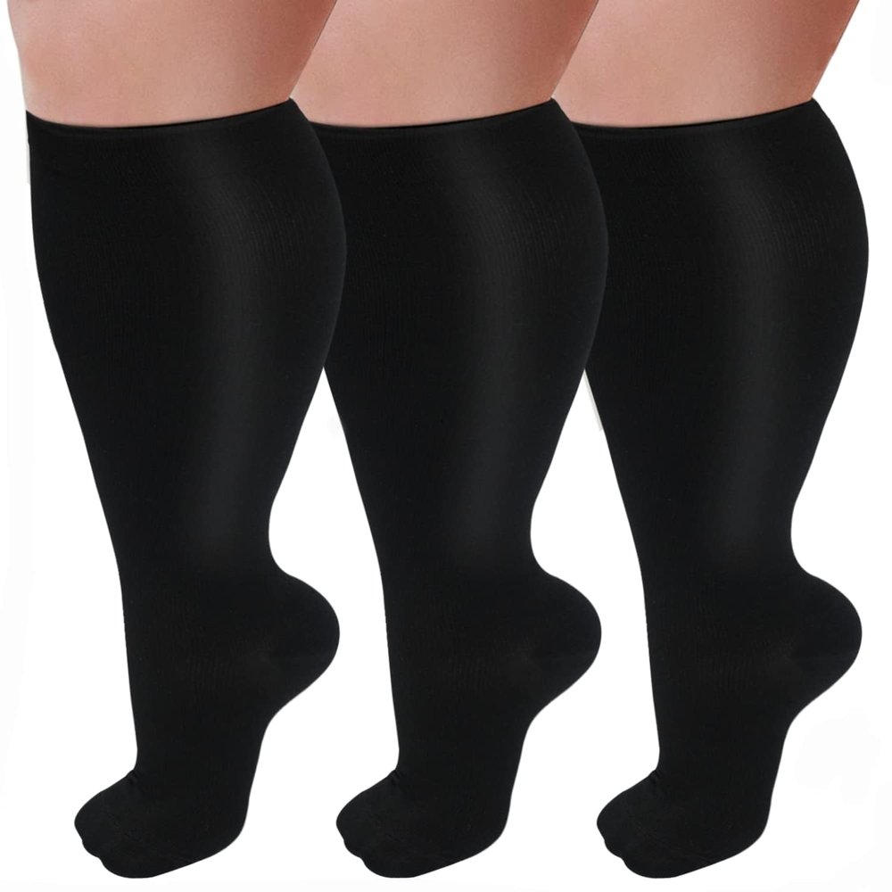 3 Pairs Plus-Size Compression Socks, 20–30 mmHg, Knee-High, Black, XXX-Large