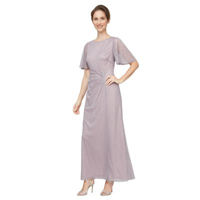 S.L. Fashions Women's Long Glittering Mesh Dress with Stretch Embellishment, Special Occasion Dress, Mauve, 42 Petite