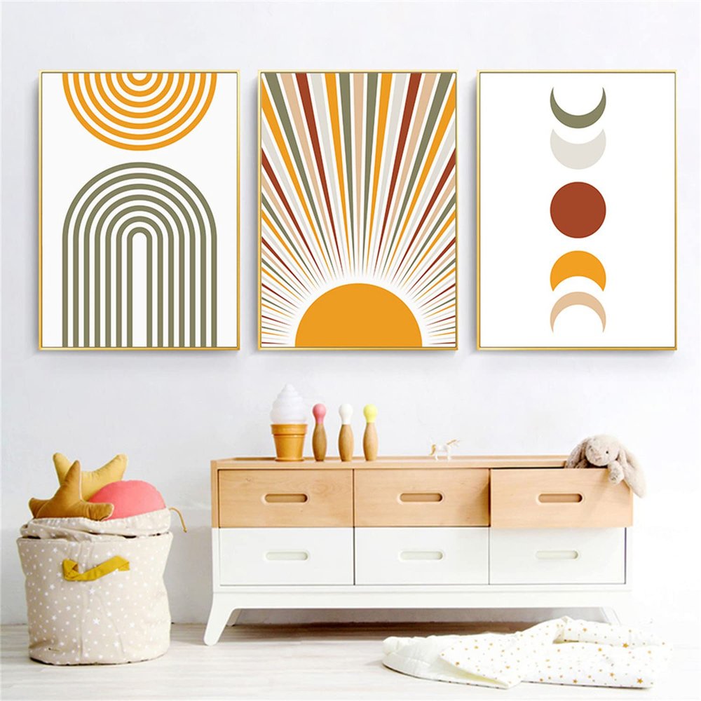 Sarah Duke 3-Piece Nursery Poster Set, Abstract Rainbow, Sun and Moon Canvas Wall Art, Unframed, Baby Room Decor Gift for Boys and Girls (40 x 50 cm)
