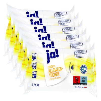 ja! 480 Moist Cleaning Wipes in Dispenser Pack, Lemon Fresh Scent (6 x 80)