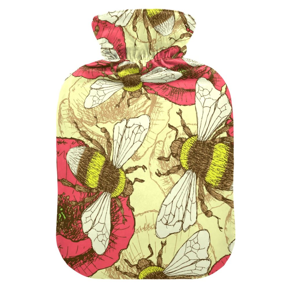 YOUJUNER 2-Liter Hot Water Bottle with Vintage Honey Bee and Flowers Cover