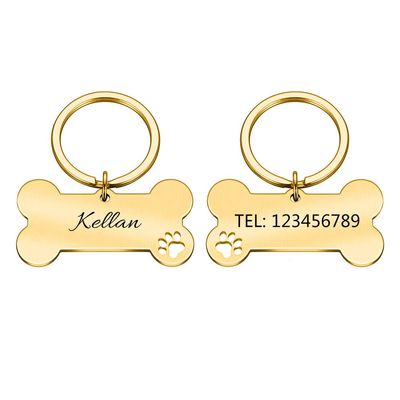 Personalized Dog Tag, Engraved Bone Pet ID Tag, Gold, 40 x 21 mm