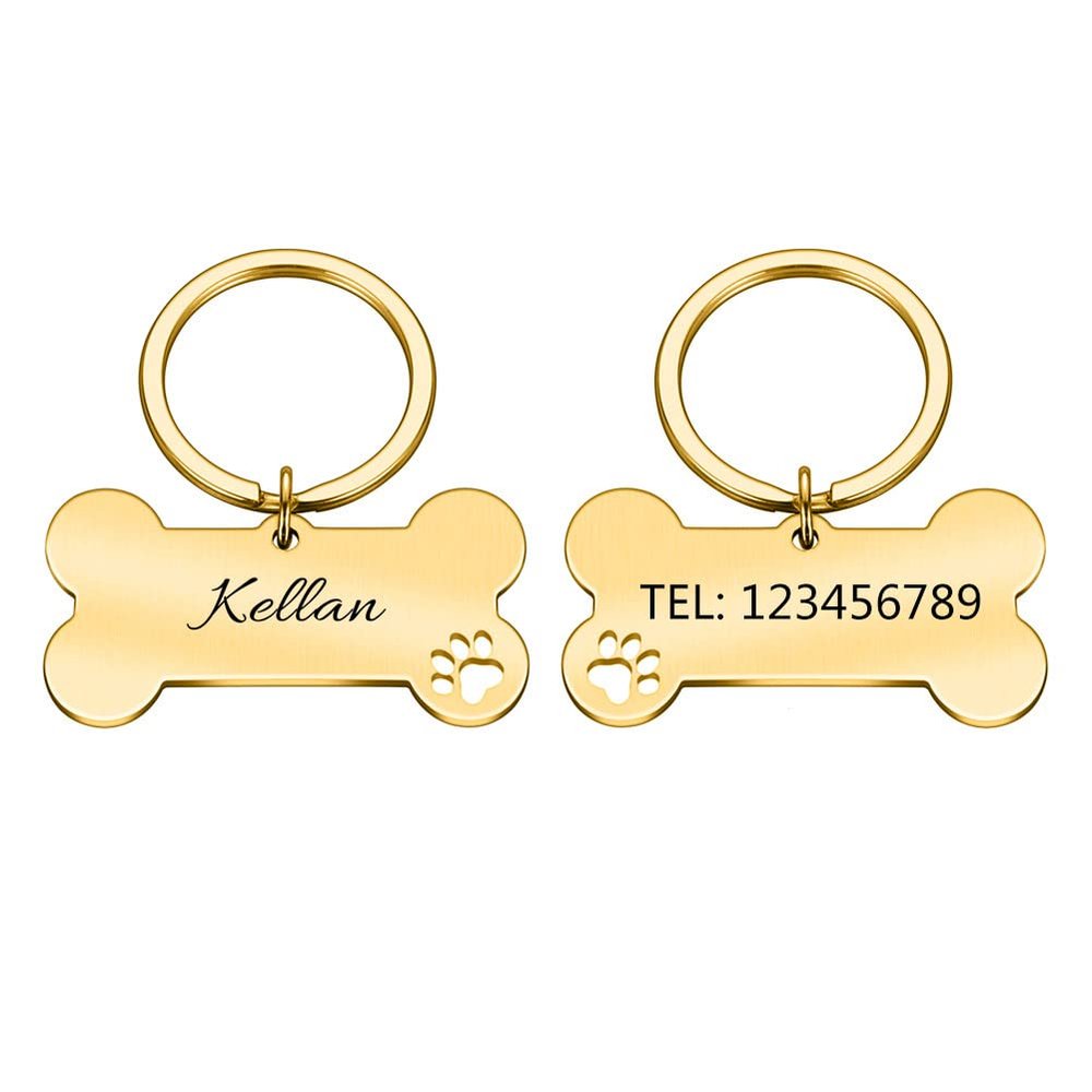 Personalized Dog Tag, Engraved Bone Pet ID Tag, Gold, 40 x 21 mm