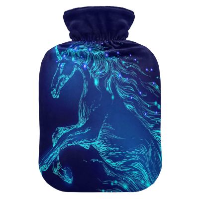 Blue Glowing Horse Unicorn Hot Water Bottle with Cover, 2 L