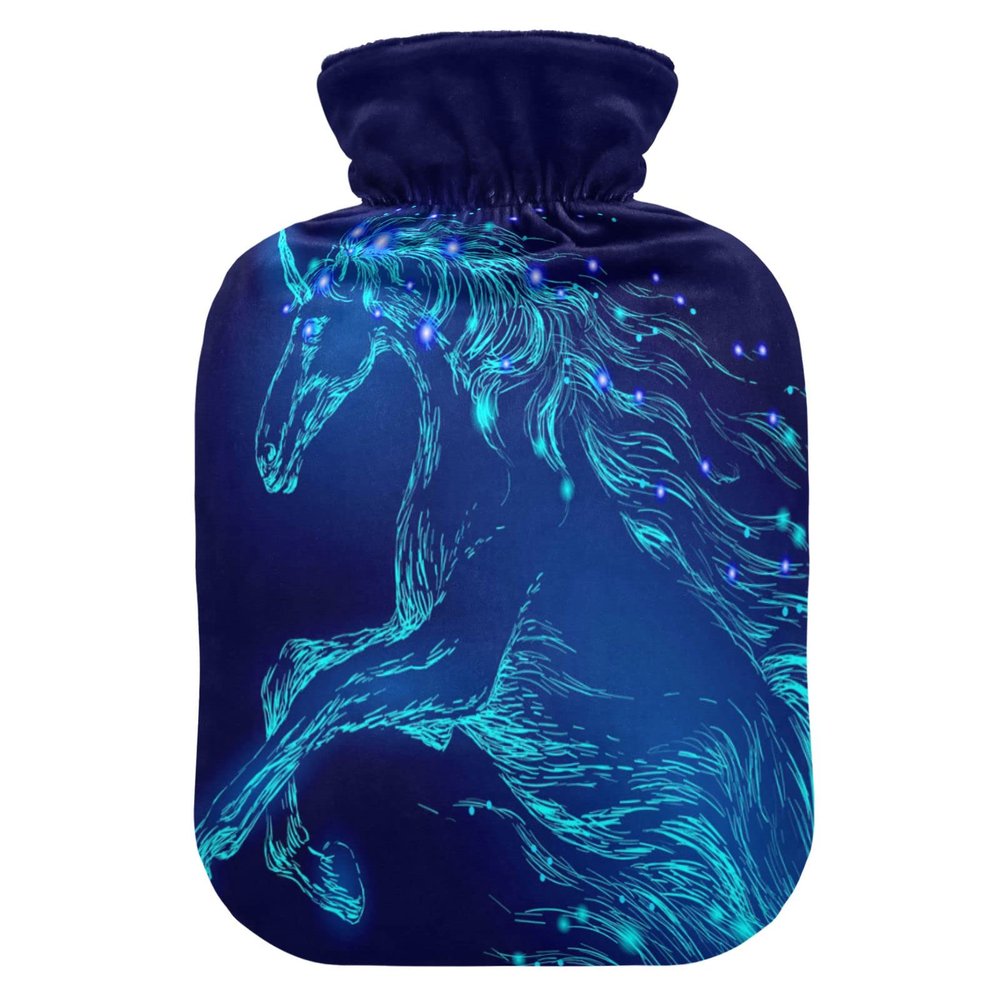 Blue Glowing Horse Unicorn Hot Water Bottle with Cover, 2 L