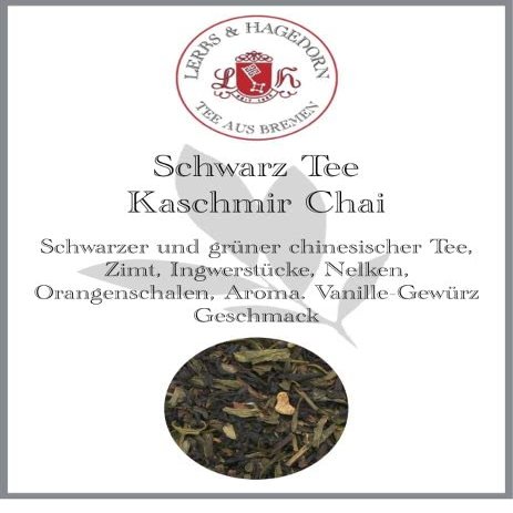 Lerbs & Hagedorn Black Tea Kashmir Chai | Vanilla-Spice Flavor, 250 g (Approx. 20 Liters), Cinnamon, Ginger Pieces, Cloves