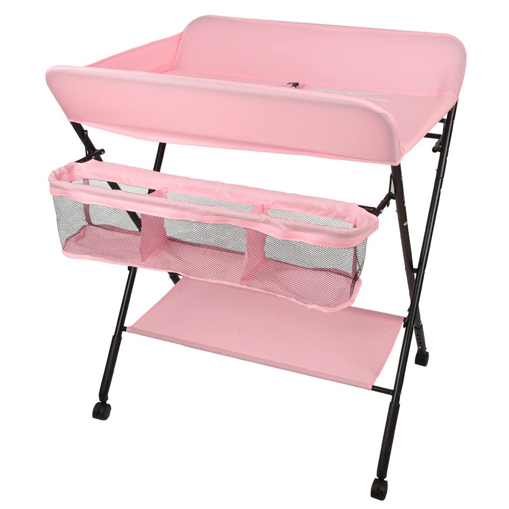 Foldable Portable Changing Table with Wheels, Height-Adjustable, with Diaper Organizer