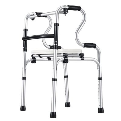 FLBT Lightweight Aluminum Walker with Plastic Seat, Foldable Standard Walker for Seniors with Two-Level Armrests, Toilet Safety Rail and Standing Aid (Without Wheels)