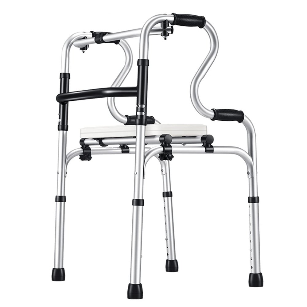 FLBT Lightweight Aluminum Walker with Plastic Seat, Foldable Standard Walker for Seniors with Two-Level Armrests, Toilet Safety Rail and Standing Aid (Without Wheels)