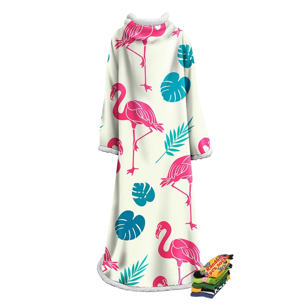 Hearda Oversized Wearable Blanket with Sleeves, Tropical Flamingo Print, Beige, 127 x 178 cm