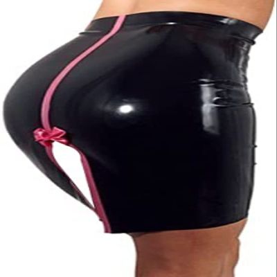 Latex Skirt with Bow Slits on the Back, Short, Zipper-Free, Navy Blue with Pink, XS