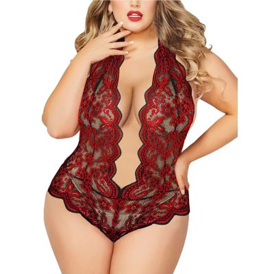 boseucn Women's Sexy Plus-Size Lingerie Set, Deep V-Neck Halter Lace Babydoll Nightgown