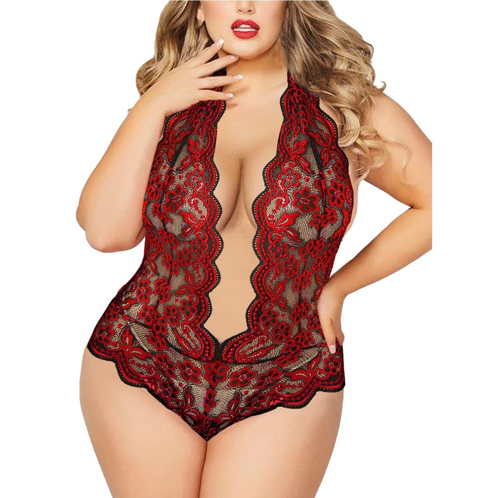 boseucn Women's Sexy Plus-Size Lingerie Set, Deep V-Neck Halter Lace Babydoll Nightgown