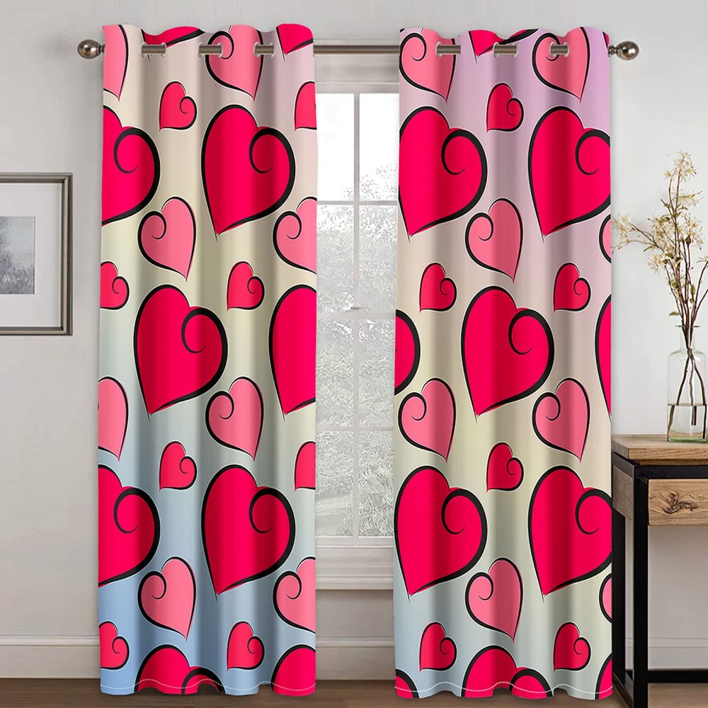 Pink and Yellow Heart Blackout Curtains, Polyester Thermal Curtains, 2 Panels