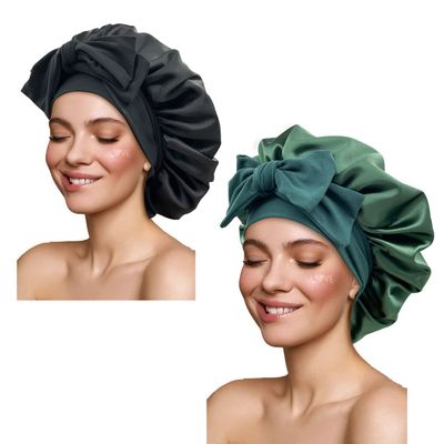 Satin Silk Hair Bonnet for Sleeping, Adjustable Tie, Black and Hunter Green