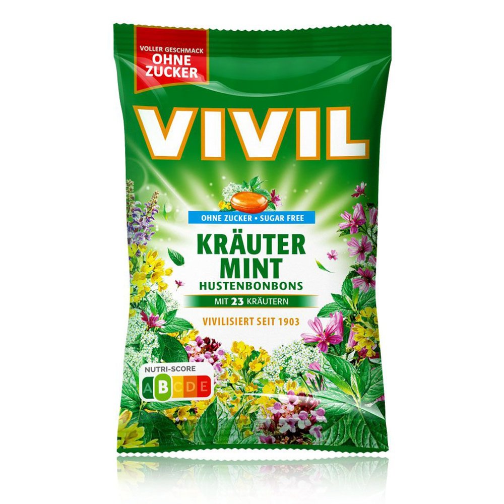 VIVIL Herbal Mint with 23 Herbs, Sugar-Free Vegan Cough Drops, 120 g