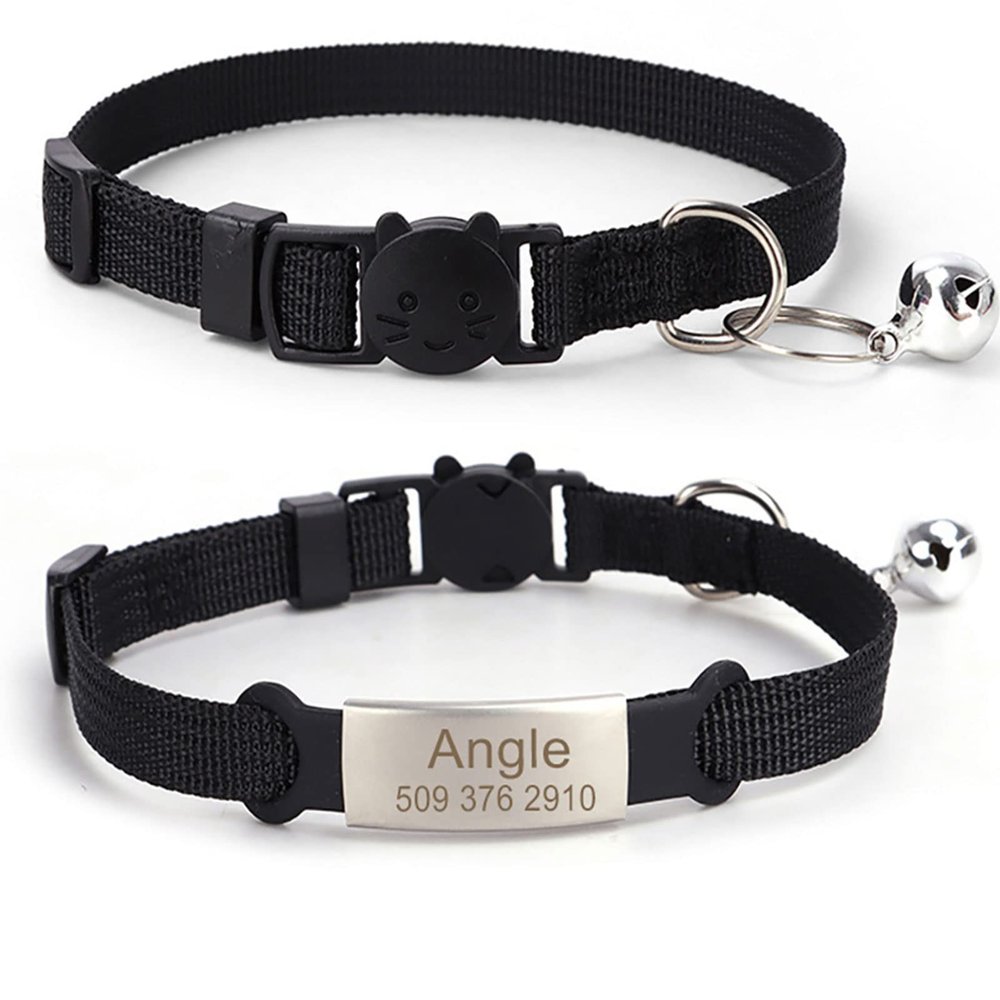 TONYFY Personalized Cat Collar with Engraved Name and Phone ID Tag, Adjustable Nylon Collar with D-Ring and Bell, Black