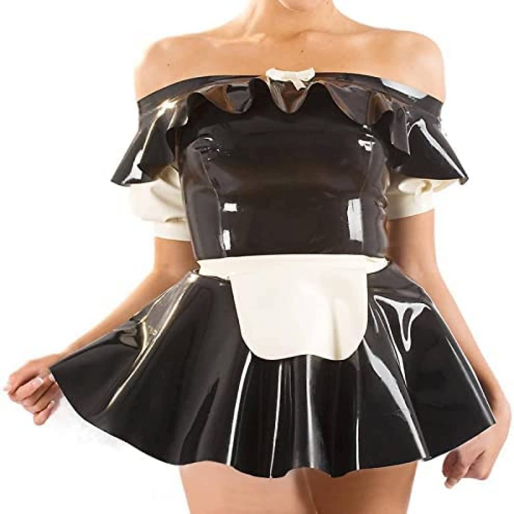 French Maid Latex Dress with Cuffs, Apron, Back Zipper and Bows, L