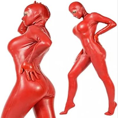 Red Full-Coverage Latex Catsuit with Socks and Gloves, Rear Crotch Zipper, Black, XS