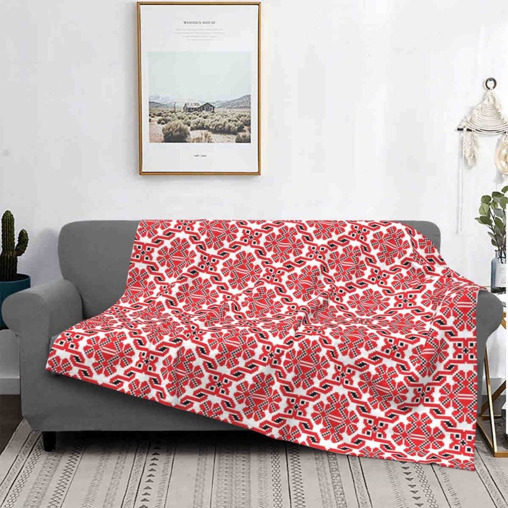 3D-Printed Embroidered Blanket, Warm Flannel, Bohemian Geometric Design, for Bed or Travel, Queen