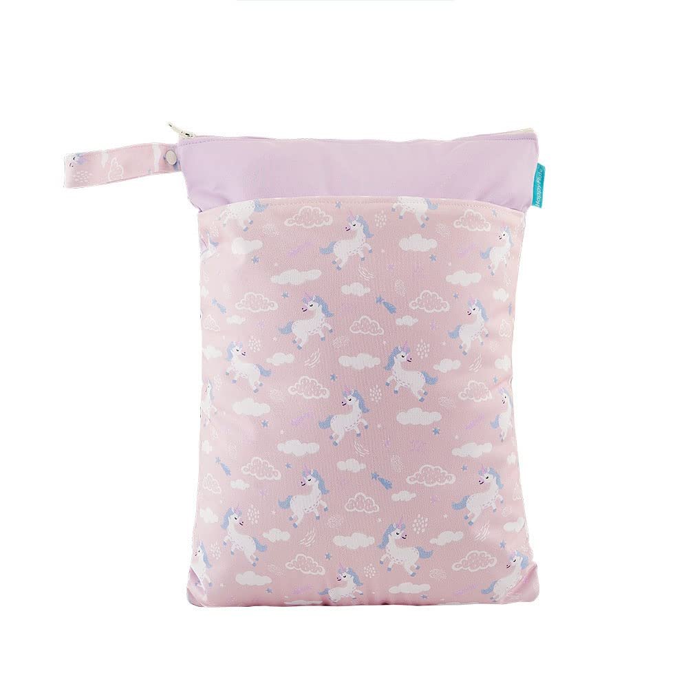 Treer Baby Wet Bag 30 x 40 cm, Pink Unicorn, Double-Zip Wet/Dry Organizer