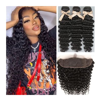 Brazilian Deep Wave Human Hair Bundles with Free-Part Closure, 3 Bundles